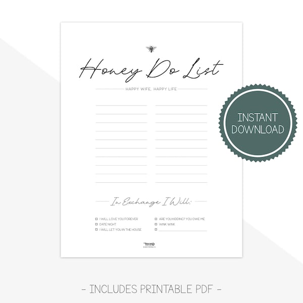 Funny Husband Honey Do List PDF | Instant Download | Printable Chore Checklists