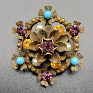 Vintage Coro Brooch Flower Designed with Rhinestones Multi Color Cottage Core Lapel Pin