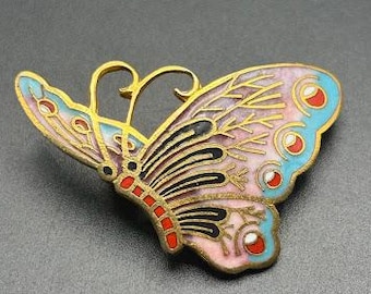 アンティーク バタフライ ブローチ、中国輸出ブローチ、中国七宝