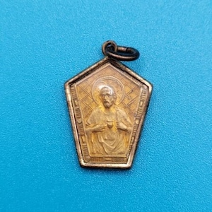 Vintage Sacred Heart Medal Pendant Our Lady of Mt. Carmel Crest Shaped Charm