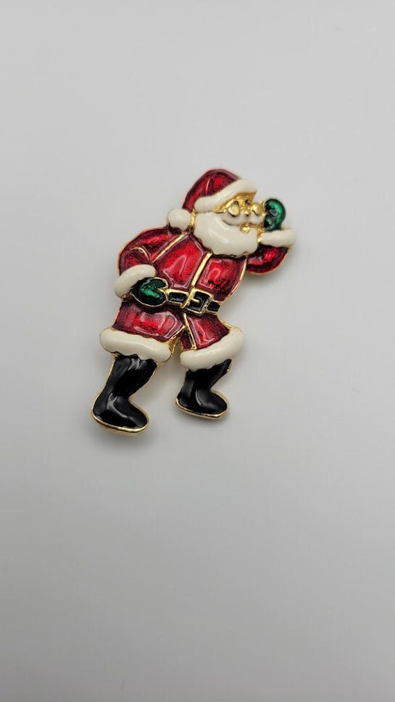 Vintage Santa Brooch Green gloves Gold Toned Metal