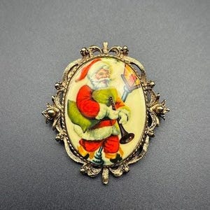 Vintage Ceramic Santa Claus Brooch Victorian Style Metal Frame Pin