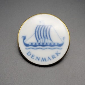 Vintage Bing and Grondahl Denmark Brooch Gold Rim White and Blue Viking Ship