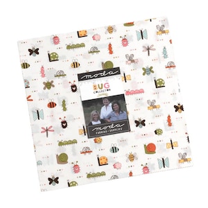 May include: A square stack of white fabric squares featuring a repeating pattern of colorful insects including bees, snails, butterflies, and caterpillars. A central label displays the text "moda BUG COLLECTOR" and a photograph of three people.
