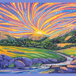 May include: A vibrant landscape painting featuring a colorful sunset radiating from behind a mountain range. The sky is filled with radiating dots of orange, yellow, blue, and pink. The foreground shows a river and rolling hills.