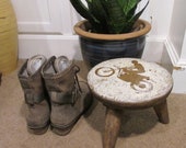 Vintage 3-Legged Wood Milk Stool William FETNER 1950 39 s Dirt Bike Motorcycle Plant Stand Character
