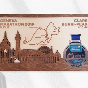 Genève Marathon Finisher Medal Holder met volledige personalisatie omvat kaart, naam, tijd en bezienswaardigheden