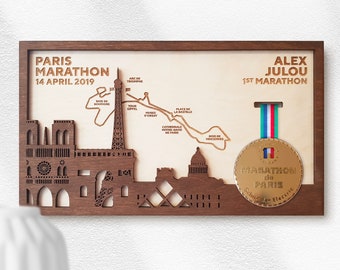 Paris Marathon Finisher Medal Holder with full personalization includes map, name, time and landmarks