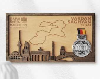 Berlin Marathon Finisher Medal Holder with full personalization includes map, name, time and landmarks