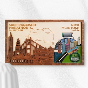 San Francisco Marathon Finisher Medal Holder met volledige personalisatie inclusief kaart, naam, tijd en bezienswaardigheden