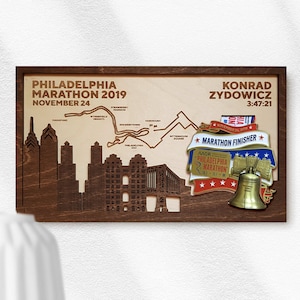 Philadelphia Marathon Finisher Medal Holder with full personalization includes map, name, time and landmarks