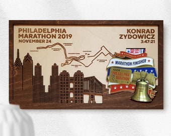 Philadelphia Marathon Finisher Medal Holder with full personalization includes map, name, time and landmarks