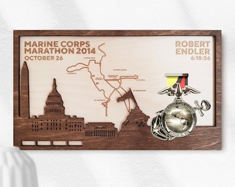 Marine Corps Marathon Finisher Medal Holder with full personalization includes map, name, time and landmarks