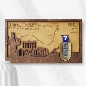 Athens Marathon Finisher Medal Holder with full personalization includes map, name, time and landmarks