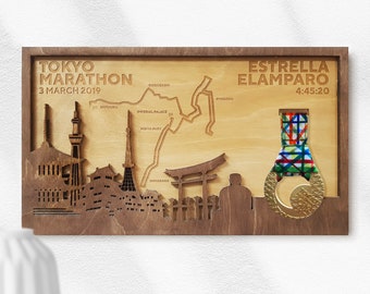 Tokyo Marathon Finisher Medal Holder with full personalization includes map, name, time and landmarks