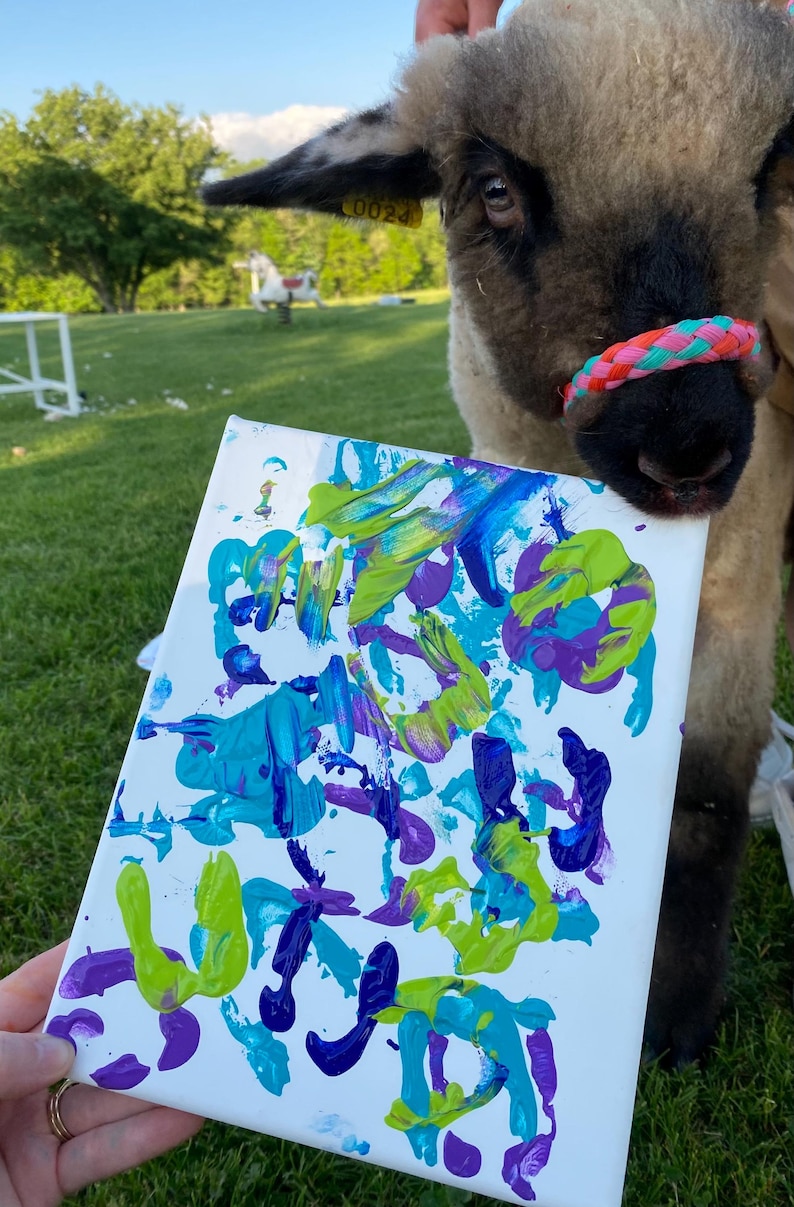 Op de afbeelding: Een wit canvas met abstracte verfstreken in tinten blauw, groen en paars. Op de achtergrond een schaap met een kleurrijke neusring. Het kunstwerk wordt door een persoon vastgehouden.
