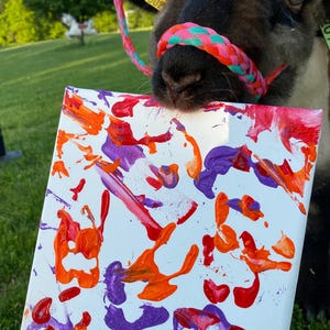 Op de afbeelding: Een canvas met abstracte kunst in tinten oranje, paars en rood. Het kunstwerk wordt vastgehouden door een schaap met een kleurrijk halster. Het schaap heeft een label in zijn oor.