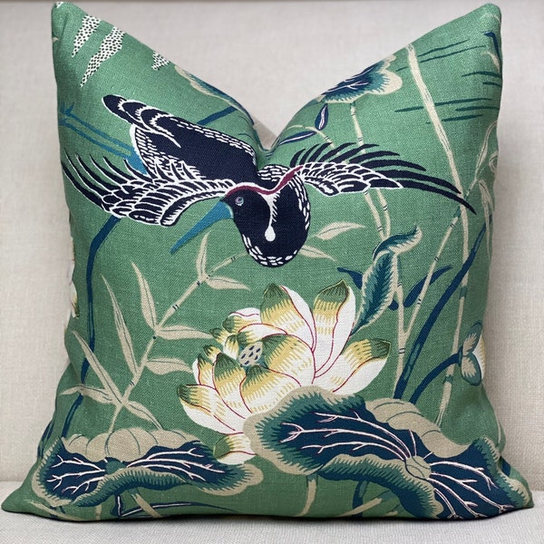 Schumacher Jade Lotus Garden Black Bird Pillow Cover with Invisible Zipper 14x24 Lumbar