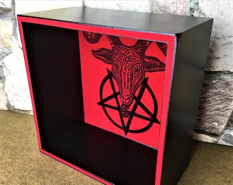 Gothic furniture, decoration, baphomet, shelf, box shelf, wooden shelf, wall shelf, gifts, decorative shelf, wall decoration