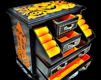 Wooden jewelry cabinet, a vintage piece of furniture in a scary Halloween design