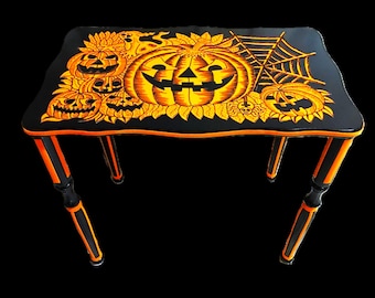 Small side table made of solid wood, a vintage piece of furniture in a new, spooky Halloween design