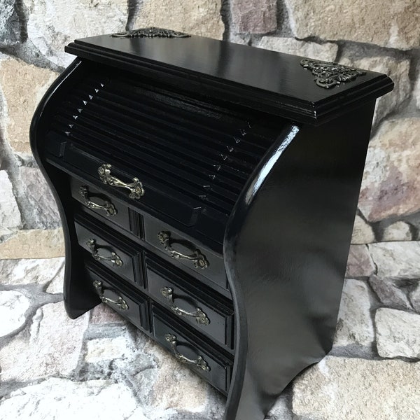 Vintage wooden jewelry cabinet, in the shape of a secretary, painted black and decorated with antique fittings