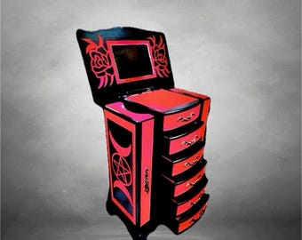 Large gothic wooden jewelry cabinet,  a vintage piece of furniture in red