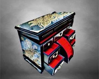 Gothic wooden jewelry box, a vintage furniture, hand-painted in gold