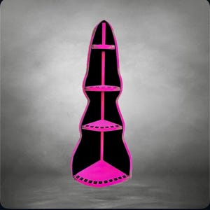 May include: A tall, decorative shelf with a unique, elongated shape. The shelf features a black interior with three circular shelves and a triangular base, all outlined in bright pink. The frame is also pink, creating a striking contrast.
