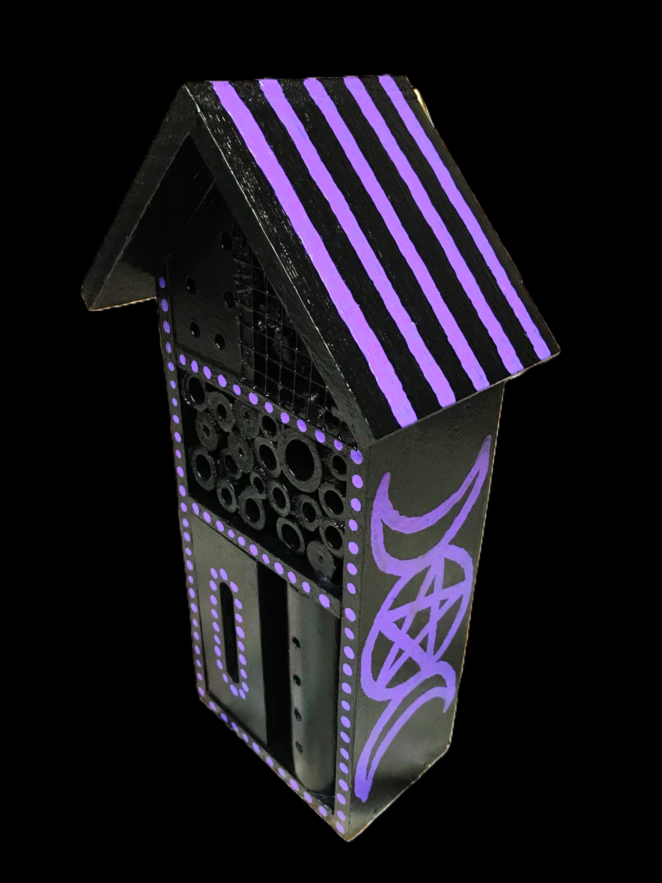 Small wooden insect hotel hand-painted in black and purple, a touch of magic in your garden