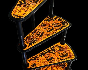 Decorative wooden plant staircase, a vintage piece of furniture in black with hand-painted velvet and a scary beautiful design