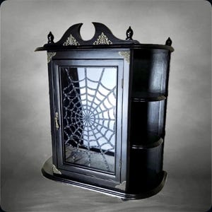 Gothic wooden display cabinet, black vintage furniture with spiderweb