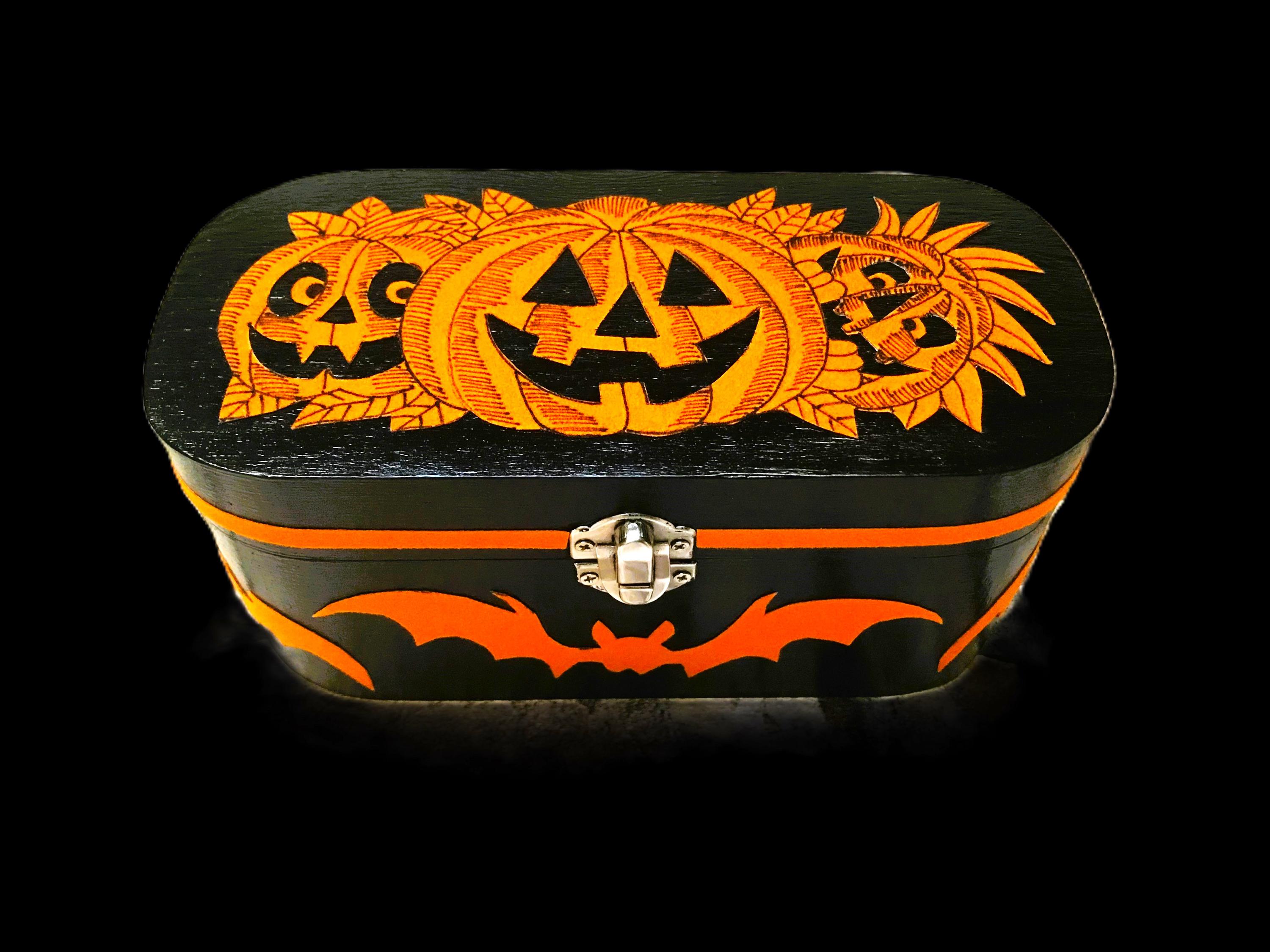 Wooden jewelry box with velvet lining, a very popular gift in a Halloween design