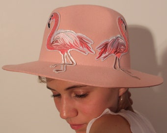 Pink Fedora Hat with Flamingos