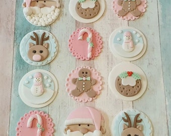 SET OF FONDANT Pink Christmas, Edible Cupcake Toppers Candy Cane, Gingerbread Man, Snowman, Pudding
