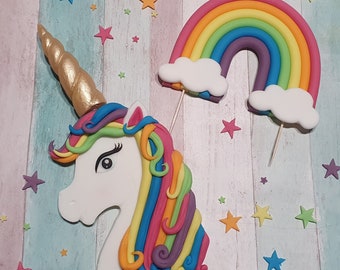 Unicorn Face Cake Topper, Rainbow, Clouds Cake Topper, Edible Birthday Decoration Set