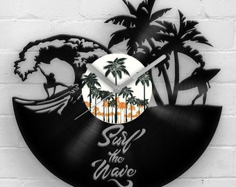 Vinyl Clock Surfer Beach House Wall Art Cool Gifts for Him Water Sports Fan Ocean Waves Adventures Summer Vibes Travel Lover Surf the Wave