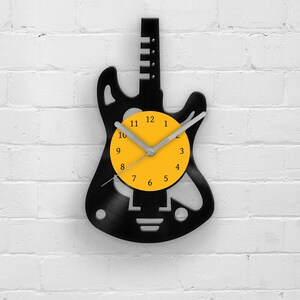 Guitar Vinyl Record Wall Clock - Unique Musician Gift for Him, Rock & Roll Wall Art, Recycled LP Clock for Music Room, Studio or Home Decor