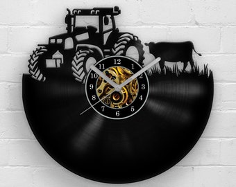 Horloge en vinyle tracteur pour homme - Idée cadeau pour grand-père - Tracteur de ferme - Silhouette de tracteur - Décoration murale rustique pour ferme - Homme des cavernes