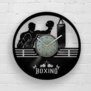 Boxing Themed Vinyl Clock for Men, Sports gift for him, Man Cave Wall Art, 12'' Vinyl Record Clock for Wall, Silent Mechanism, Garage Sign