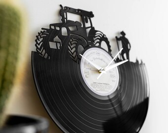 Reloj de vinilo rústico de granja para granjero con tractor - Regalo único del Día del Padre - Decoración de la pared de la cueva del hombre - Arte de pared de discos de vinilo para él