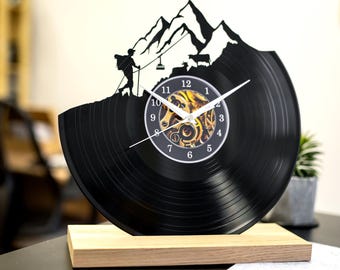 Hiking Vinyl Record Clock: Laser-Cut Mountain Scene, Outdoor Adventure Decor, Desk Office Clock, Repurposed Wall Art, Hiker Gifts for Him