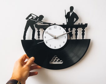 Snooker Player Vinyl Record Clock: Laser-Cut 8 Ball Design