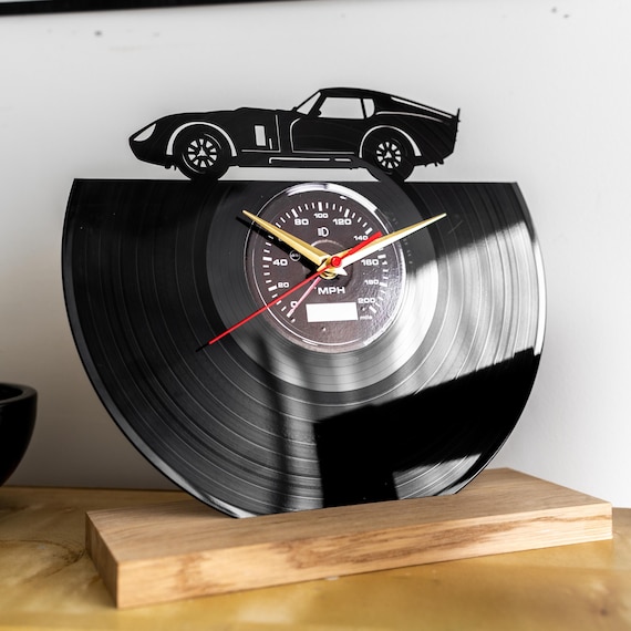 Re-purposed Vinyl Record Wall Clock laser-cut in Lithuania - Sports car Wall Art - Vintage Garage Wall Sign - Man Cave Decor - Office Clock