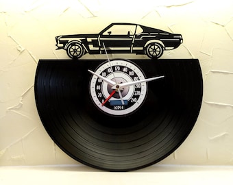 Sports Car wall art - Vintage re-purposed vinyl record clock - Father's Day gift - Muscle Car wall decor - Retro Car illustration - Man Cave