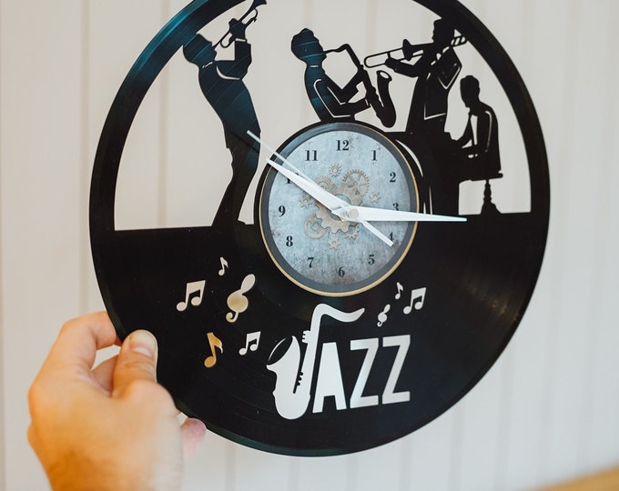 Jazz Music Vinyl Clock, Gift for Musician,  Saxophone Ornament Gifts for Dad Christmas gift idea for Men Home Decor and Wall Clock for Him