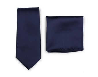 Navy Tie Set | Wedding Necktie + Pocket Square Set in Dark Navy Blue | Satin Finish Tie in Dark Navy (adult tie size)