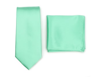 Mint Green Tie + Pocket Square Set | Necktie with Matching Pocket Square | Solid Colored Tie Set in Bright Mint (necktie + hanky set)