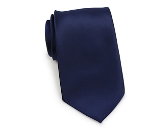 Solid Navy Tie | Satin Finish Necktie in Dark Navy | Wedding Ties for Groom and Groomsmen in Navy Blue (satin finish, standard 3.25 width)