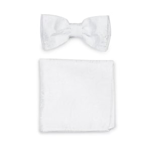 White Paisley Bowtie Set | Pre-Tied Mens Bow Tie in Bright White Paisley Design